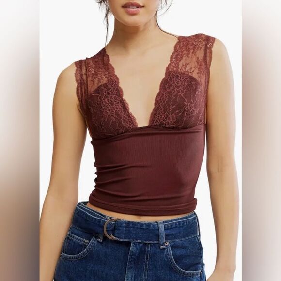 NEW Free People Power Play Lace Trim Camisole - Bittersweet XS - Picture 1 of 6